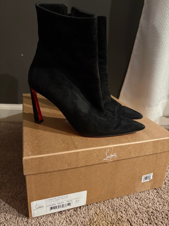 Christian Louboutin Shoes - Christian Louboutin Condora Black Suede Pointed Ankle Booties with Red Heel
